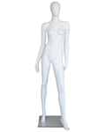 High-fashion standing egghead female mannequin in matte white, front view