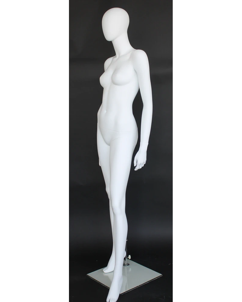 High-fashion standing egghead female mannequin in matte white