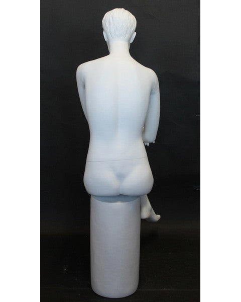 Featured-face crossed-leg sitting female mannequin with molded hair in matte white, SFW9-WT