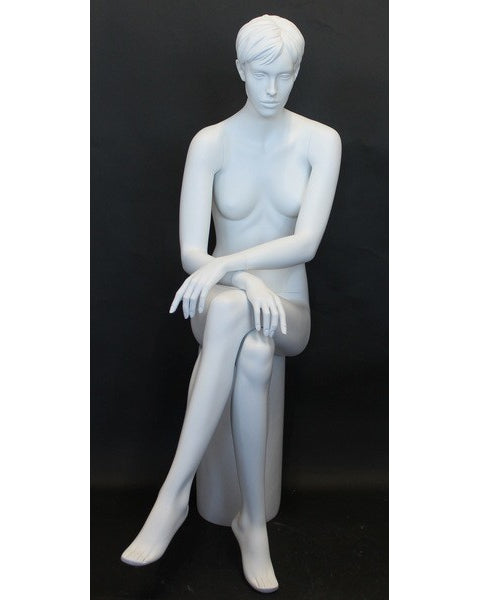 Featured-face crossed-leg sitting female mannequin with molded hair in matte white, SFW9-WT