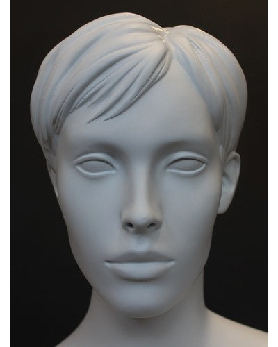 Featured-face crossed-leg sitting female mannequin with molded hair in matte white, SFW9-WT