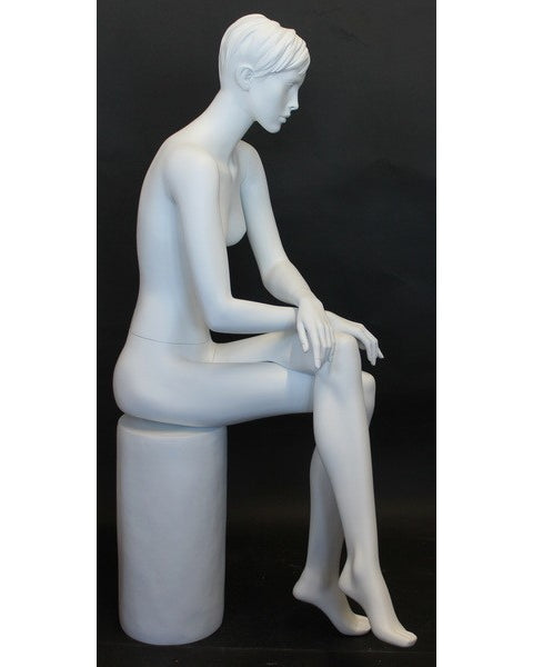 Featured-face crossed-leg sitting female mannequin with molded hair in matte white, SFW9-WT