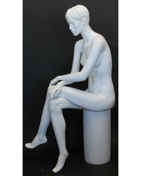 Featured-face crossed-leg sitting female mannequin with molded hair in matte white, SFW9-WT