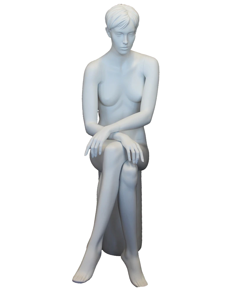 Featured-face crossed-leg sitting female mannequin with molded hair in matte white, SFW9-WT
