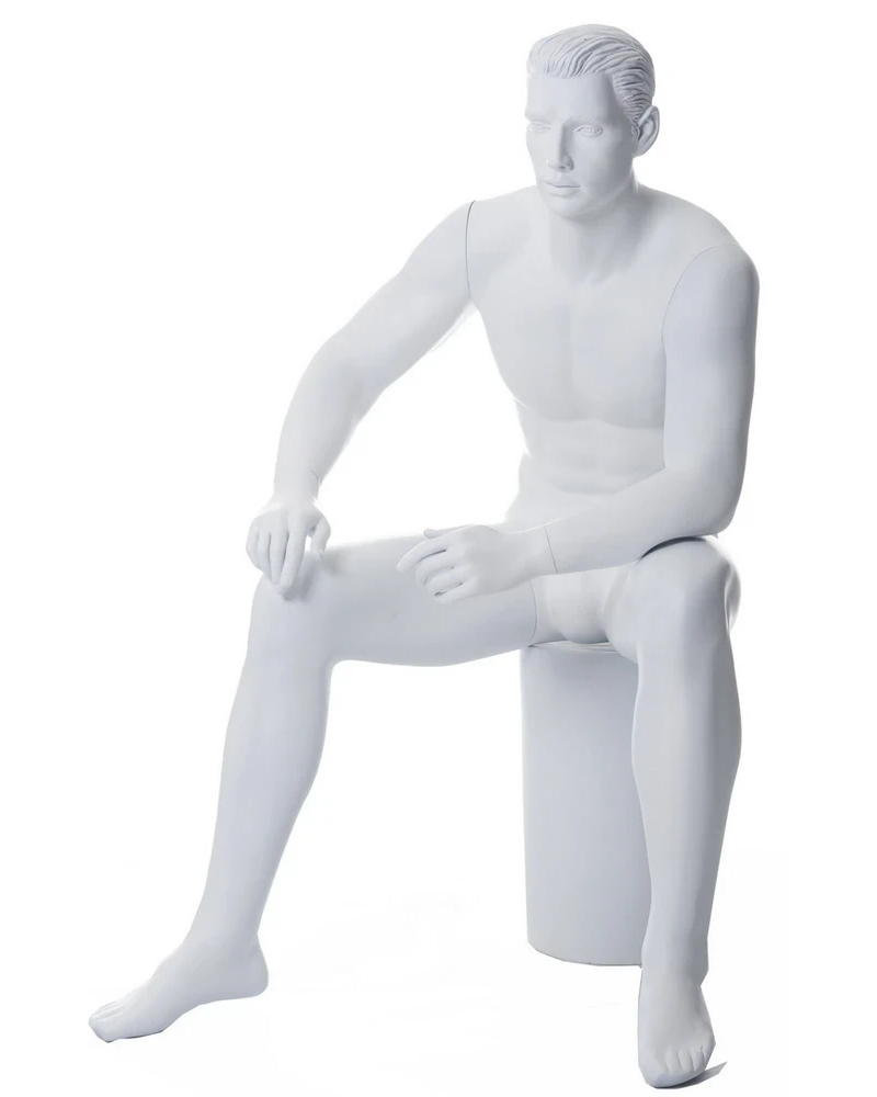 Seated featured-face male mannequin with molded hair in matte white, SFM54-WT