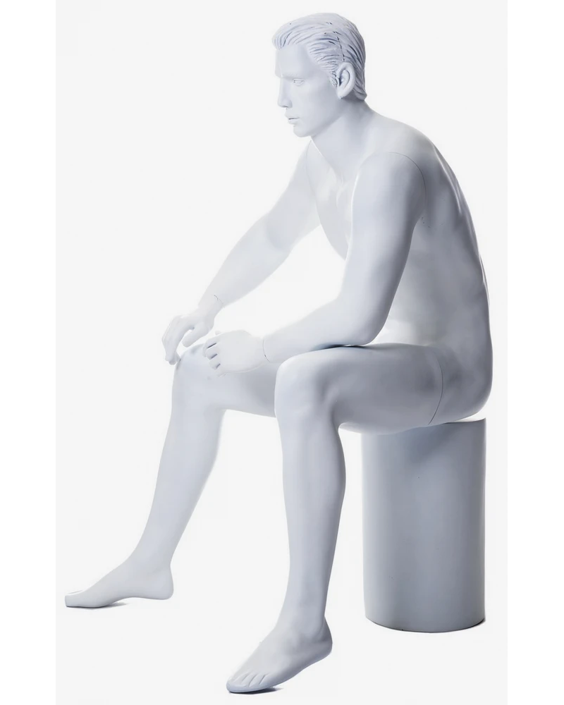 Seated featured-face male mannequin with molded hair in matte white, SFM54-WT