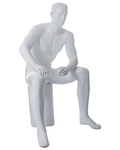 Seated featured-face male mannequin with molded hair in matte white, SFM54-WT