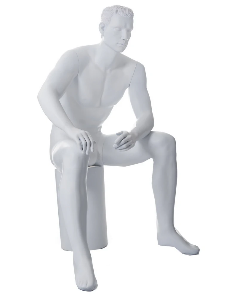 Seated featured-face male mannequin with molded hair in matte white, SFM54-WT