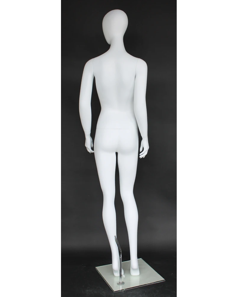 Crossed-ankle runway egghead female mannequin in matte white