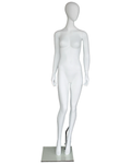 Crossed-ankle runway egghead female mannequin in matte white, front view