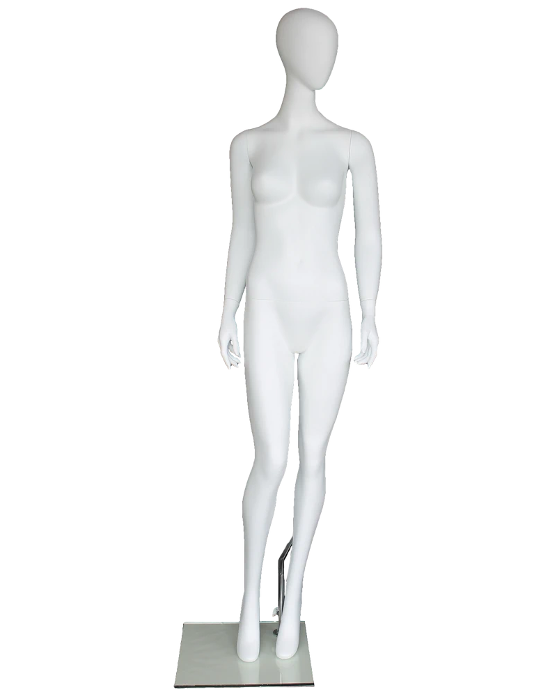 Crossed-ankle runway egghead female mannequin in matte white, front view