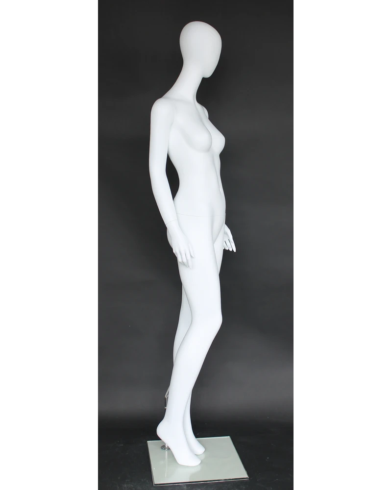 Crossed-ankle runway egghead female mannequin in matte white