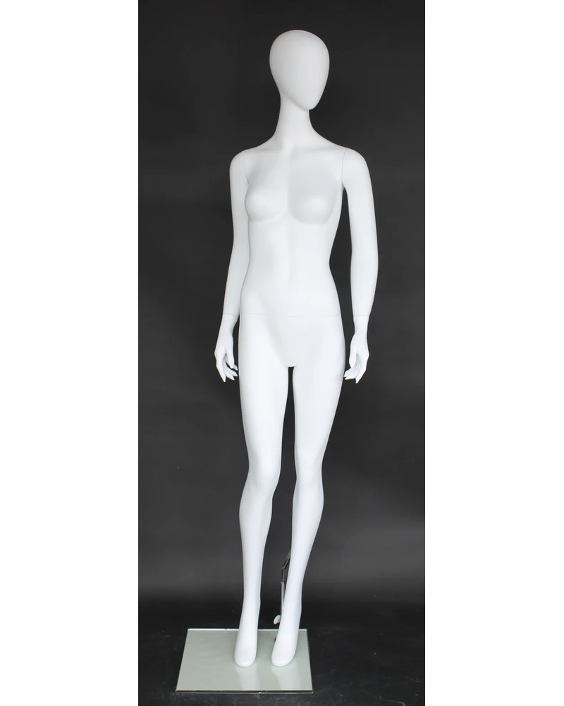 Crossed-ankle runway egghead female mannequin in matte white