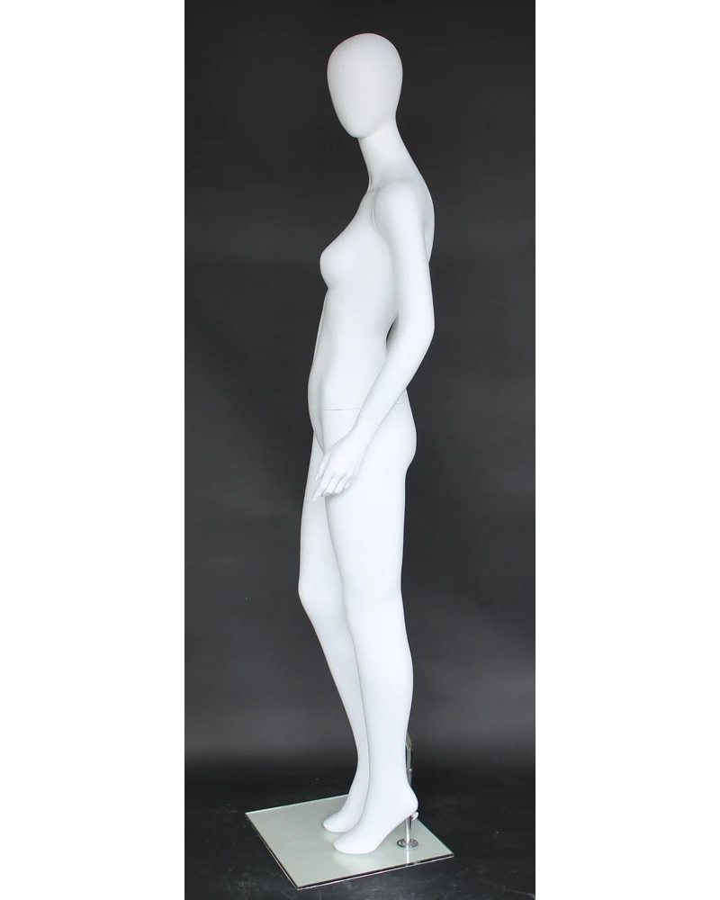 Crossed-ankle runway egghead female mannequin in matte white