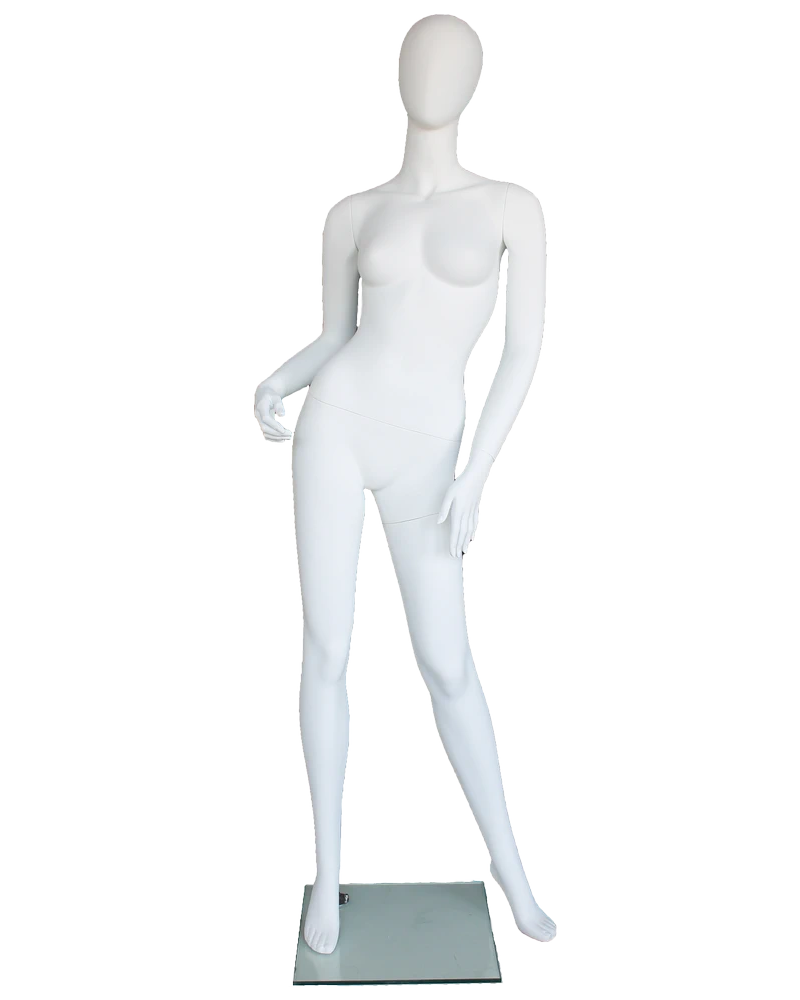 Side-lean egghead female mannequin in matte white, front view