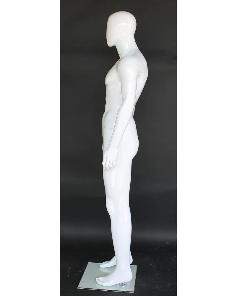 Muscular arms-at-sides egghead male mannequin in glossy white, SFM83E-GW