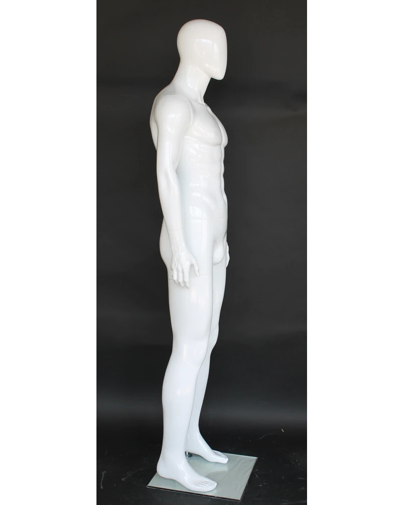 Muscular arms-at-sides egghead male mannequin in glossy white, SFM83E-GW