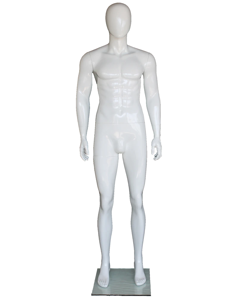 Muscular arms-at-sides egghead male mannequin in glossy white, SFM83E-GW