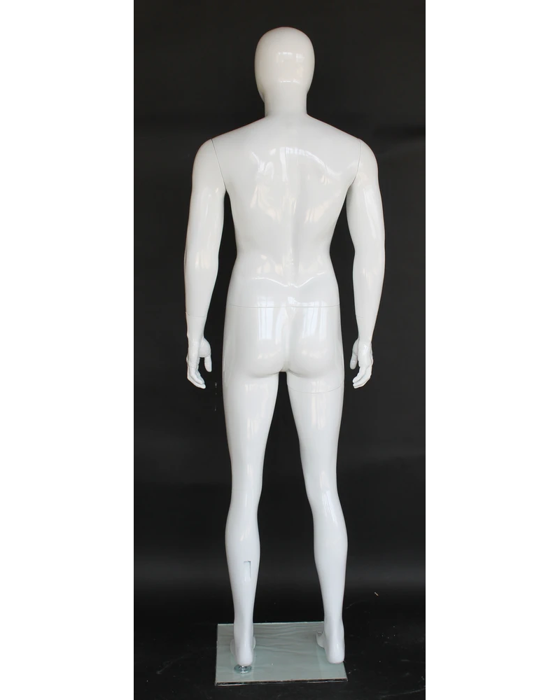 Muscular arms-at-sides egghead male mannequin in glossy white, SFM83E-GW