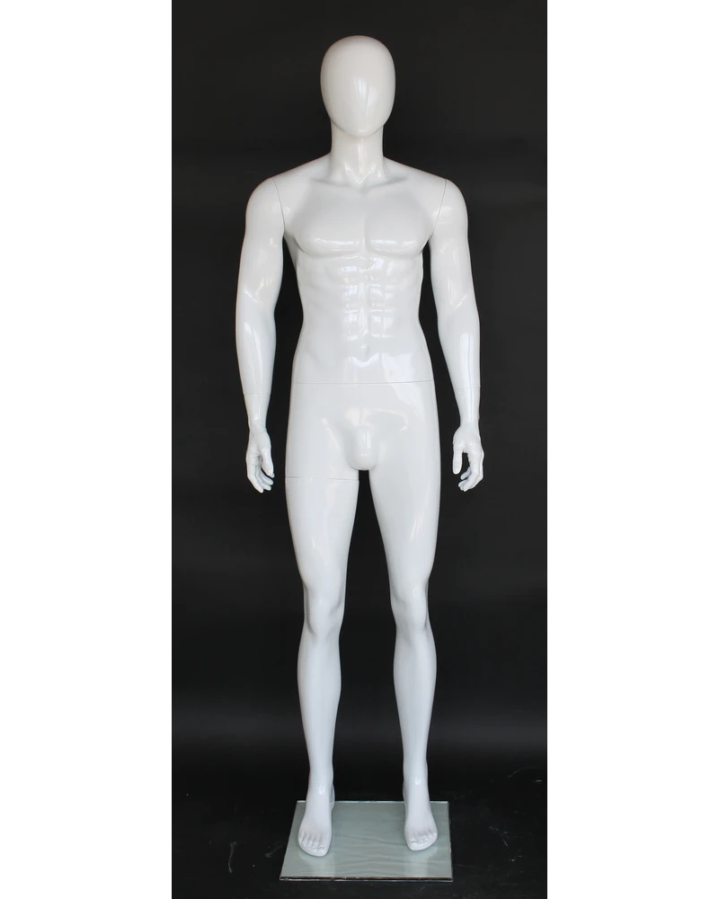 Muscular arms-at-sides egghead male mannequin in glossy white, SFM83E-GW