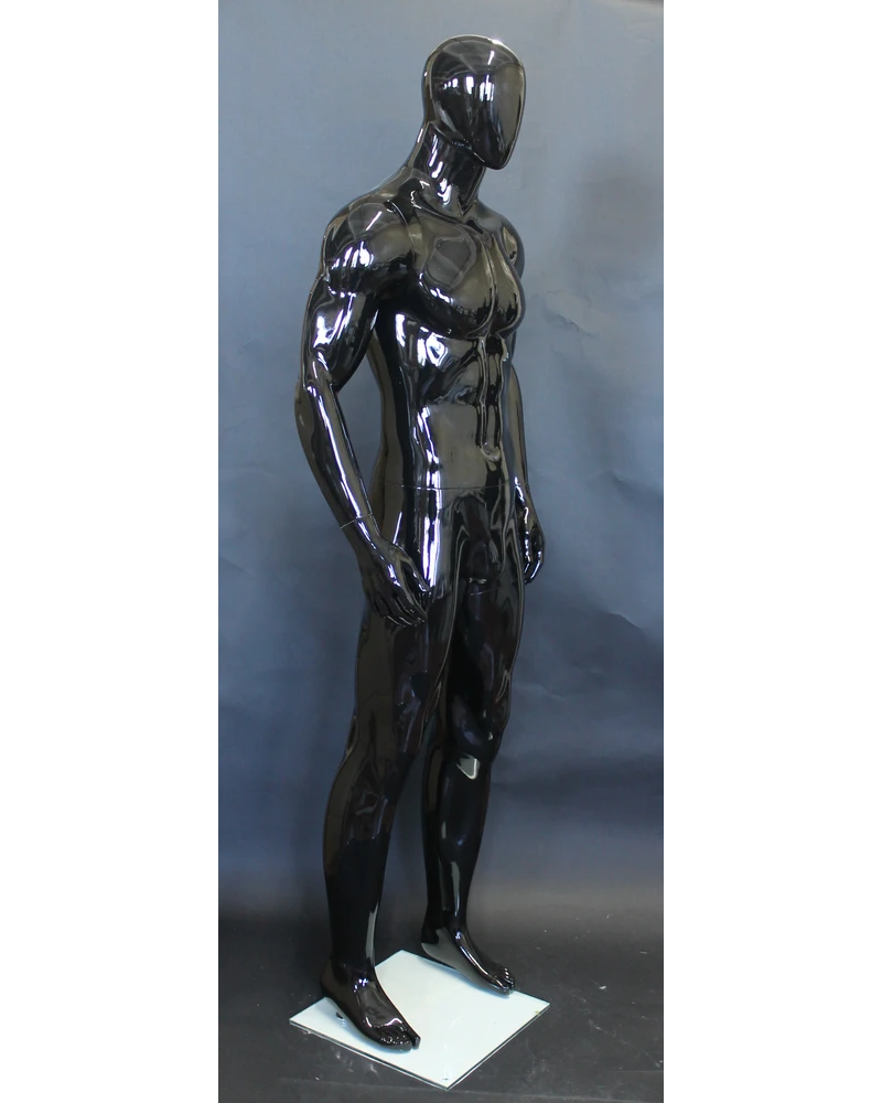Athletic arms-at-sides egghead male mannequin in glossy black, SFM53E-GB