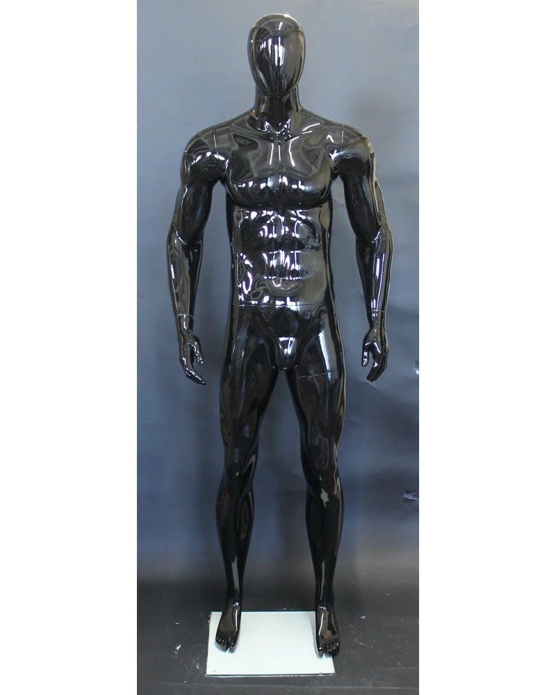 Athletic arms-at-sides egghead male mannequin in glossy black, SFM53E-GB