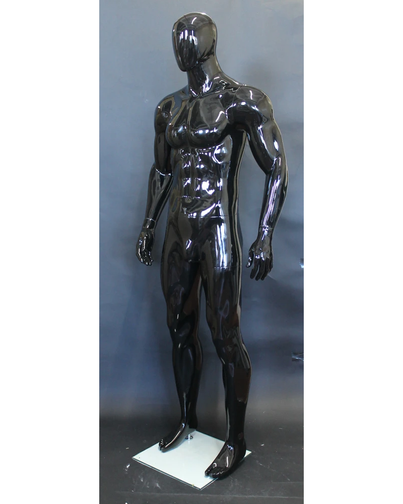 Athletic arms-at-sides egghead male mannequin in glossy black, SFM53E-GB