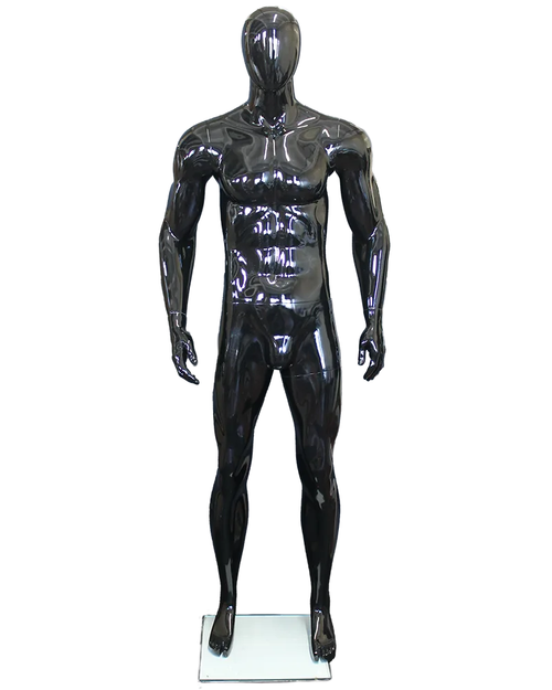 Athletic arms-at-sides egghead male mannequin in glossy black, SFM53E-GB