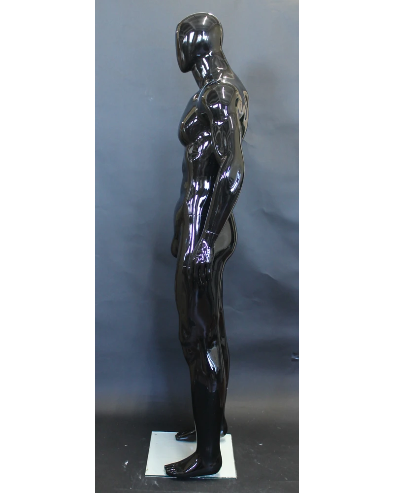 Athletic arms-at-sides egghead male mannequin in glossy black, SFM53E-GB