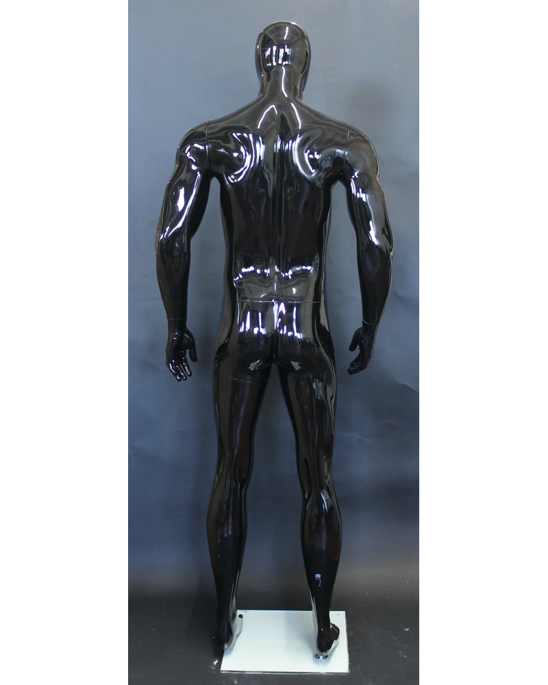 Athletic arms-at-sides egghead male mannequin in glossy black, SFM53E-GB