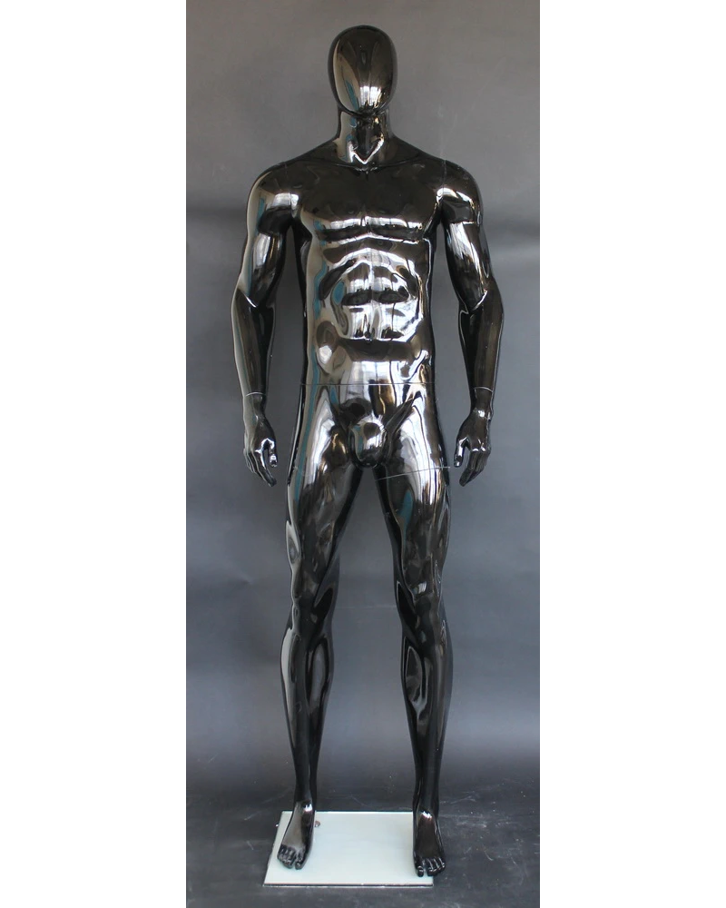 Muscular straight-standing egghead male mannequin in glossy black, SFM51E-HB