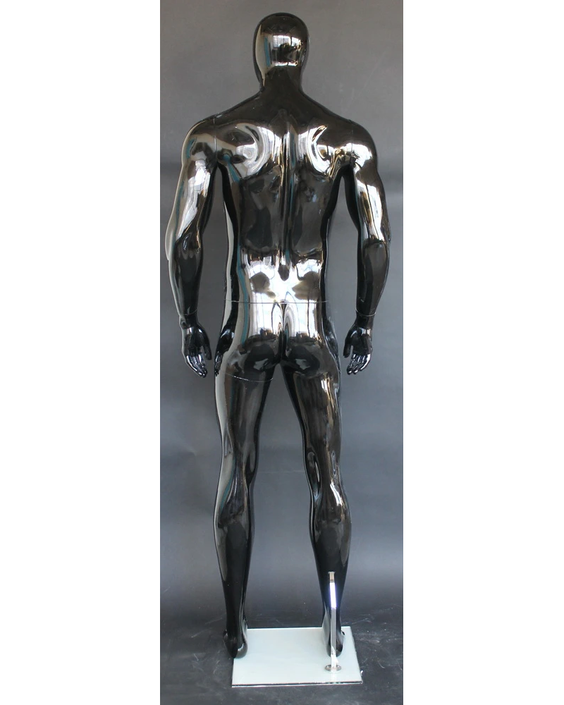 Muscular straight-standing egghead male mannequin in glossy black, SFM51E-HB