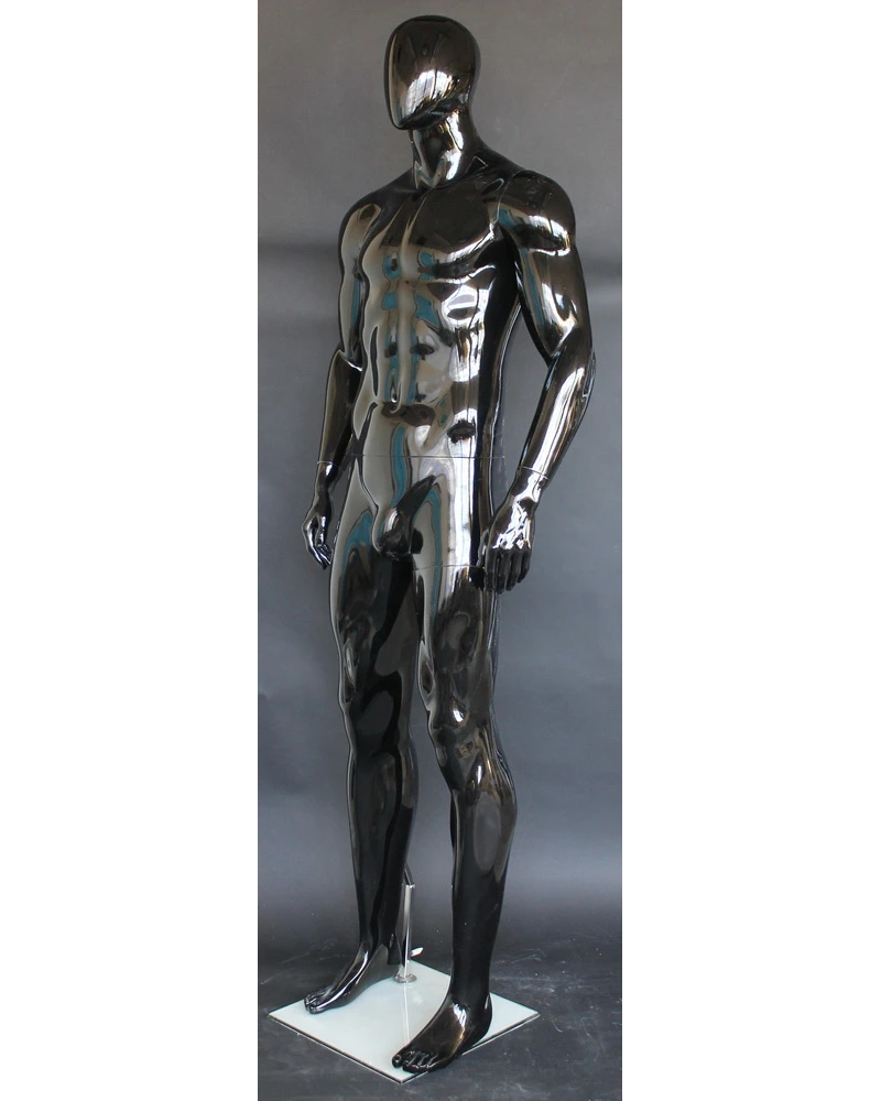 Muscular straight-standing egghead male mannequin in glossy black, SFM51E-HB
