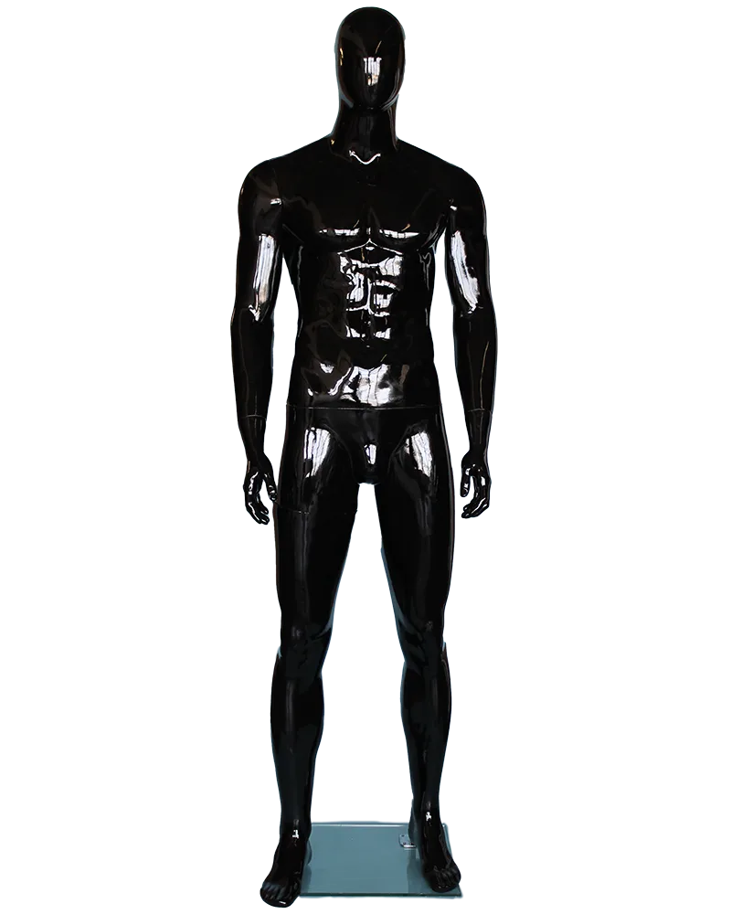 Muscular straight-standing egghead male mannequin in glossy black, SFM51E-HB