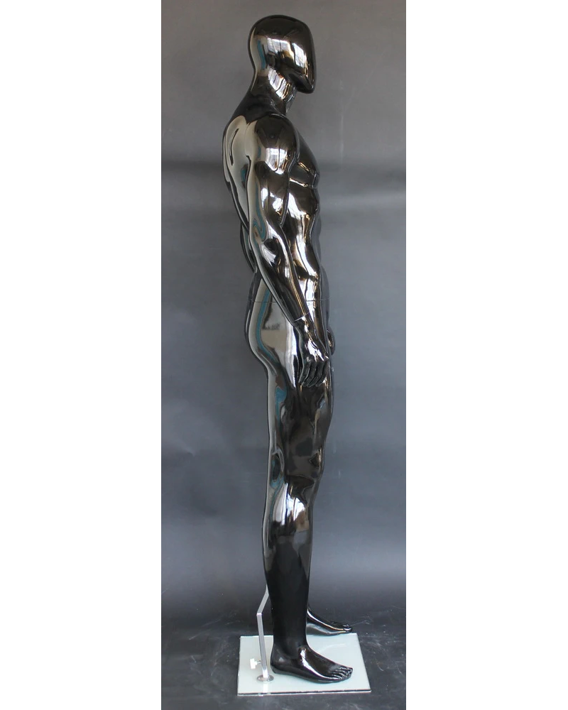 Muscular straight-standing egghead male mannequin in glossy black, SFM51E-HB