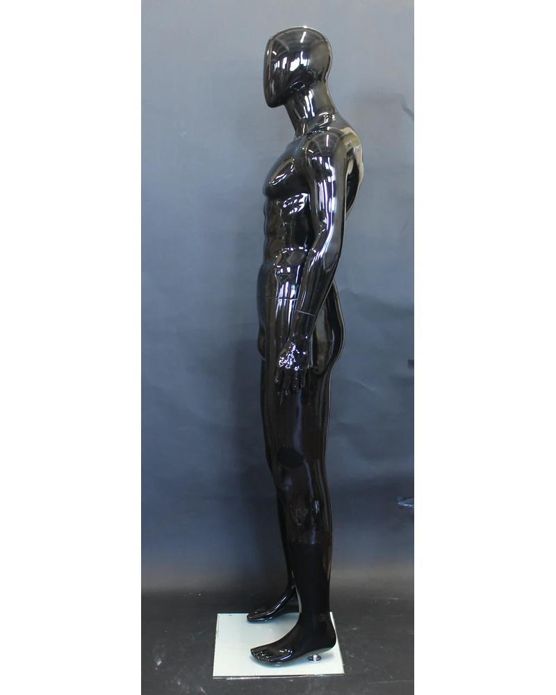 Muscular arms-at-sides egghead male mannequin in glossy black, SFM85E-HB