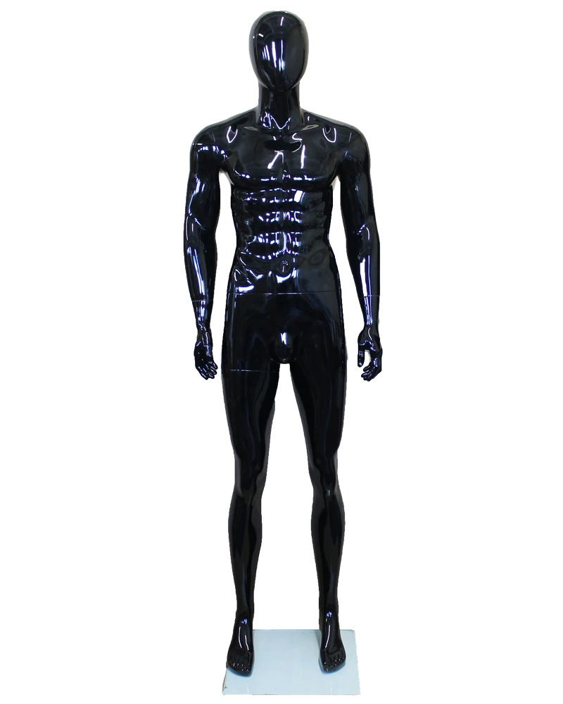Muscular arms-at-sides egghead male mannequin in glossy black, SFM85E-HB