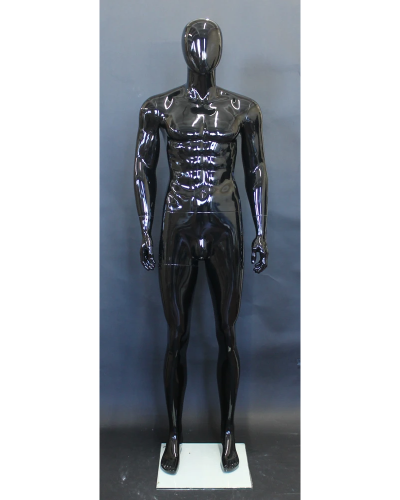 Muscular arms-at-sides egghead male mannequin in glossy black, SFM85E-HB