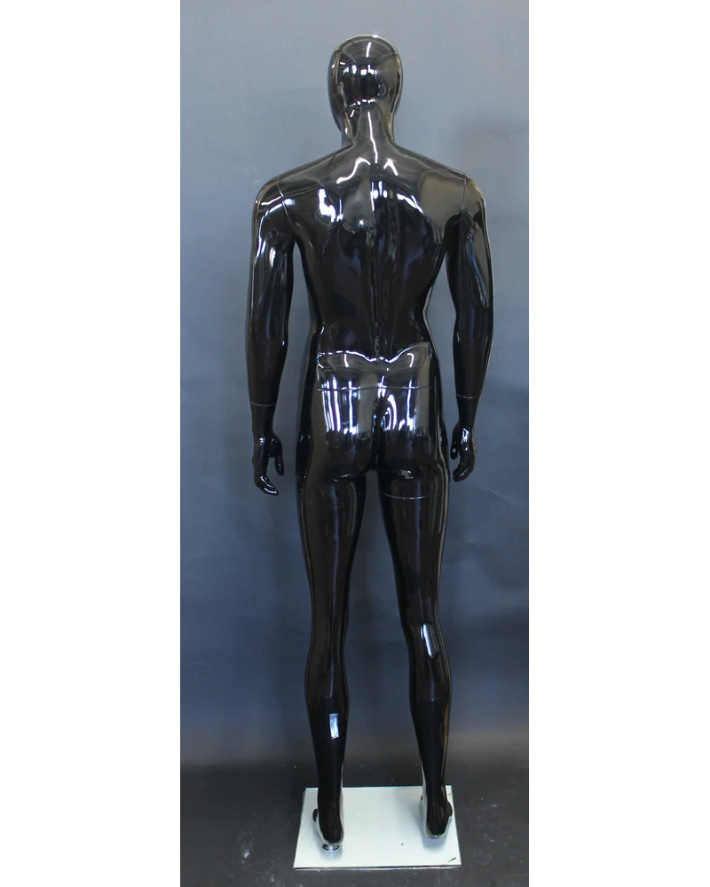 Muscular arms-at-sides egghead male mannequin in glossy black, SFM85E-HB