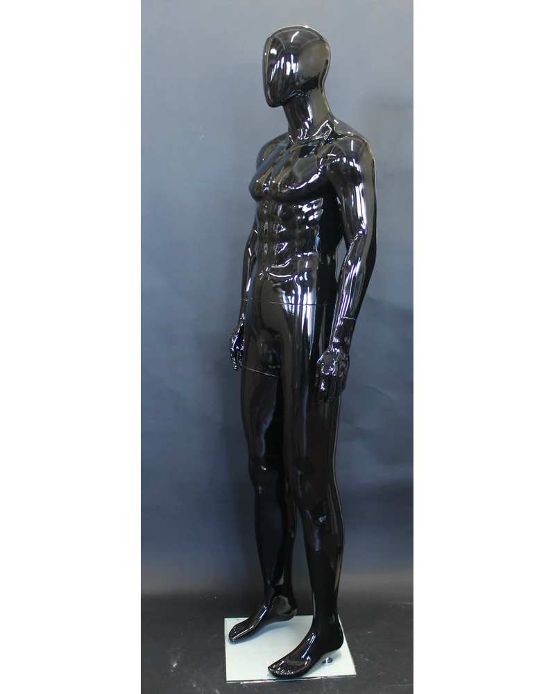 Muscular arms-at-sides egghead male mannequin in glossy black, SFM85E-HB