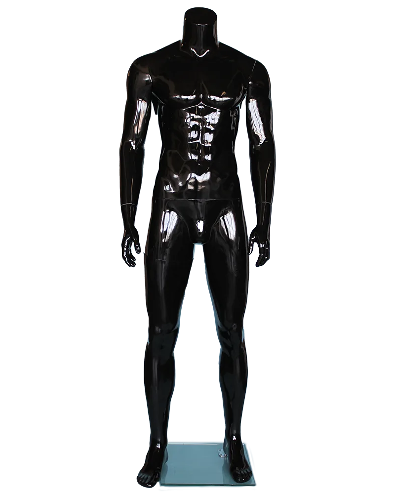 Compact muscular headless male mannequin in glossy black, STM051-HB