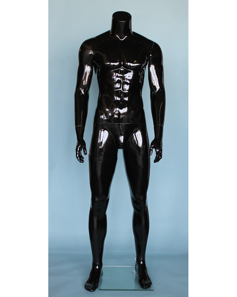 Compact muscular headless male mannequin in glossy black, STM051-HB