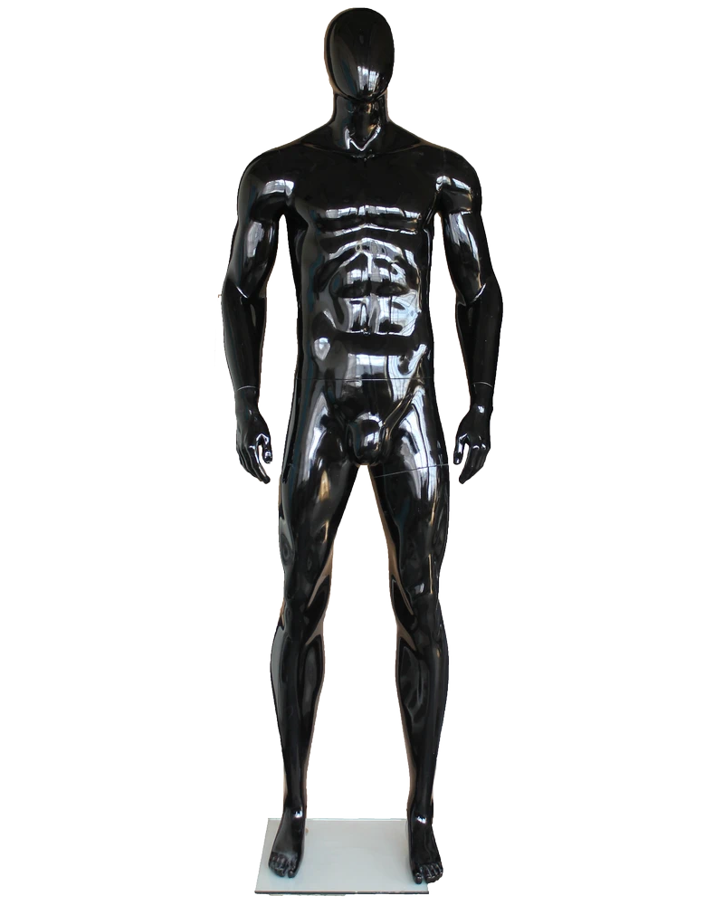Tall athletic arms-at-sides egghead male mannequin in glossy black, SFM52E-GB