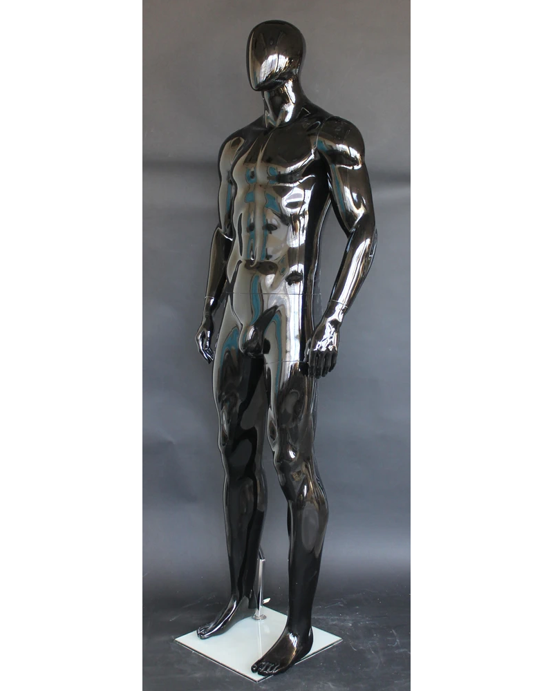 Tall athletic arms-at-sides egghead male mannequin in glossy black, SFM52E-GB