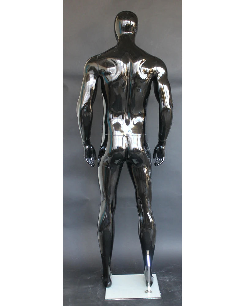 Tall athletic arms-at-sides egghead male mannequin in glossy black, SFM52E-GB