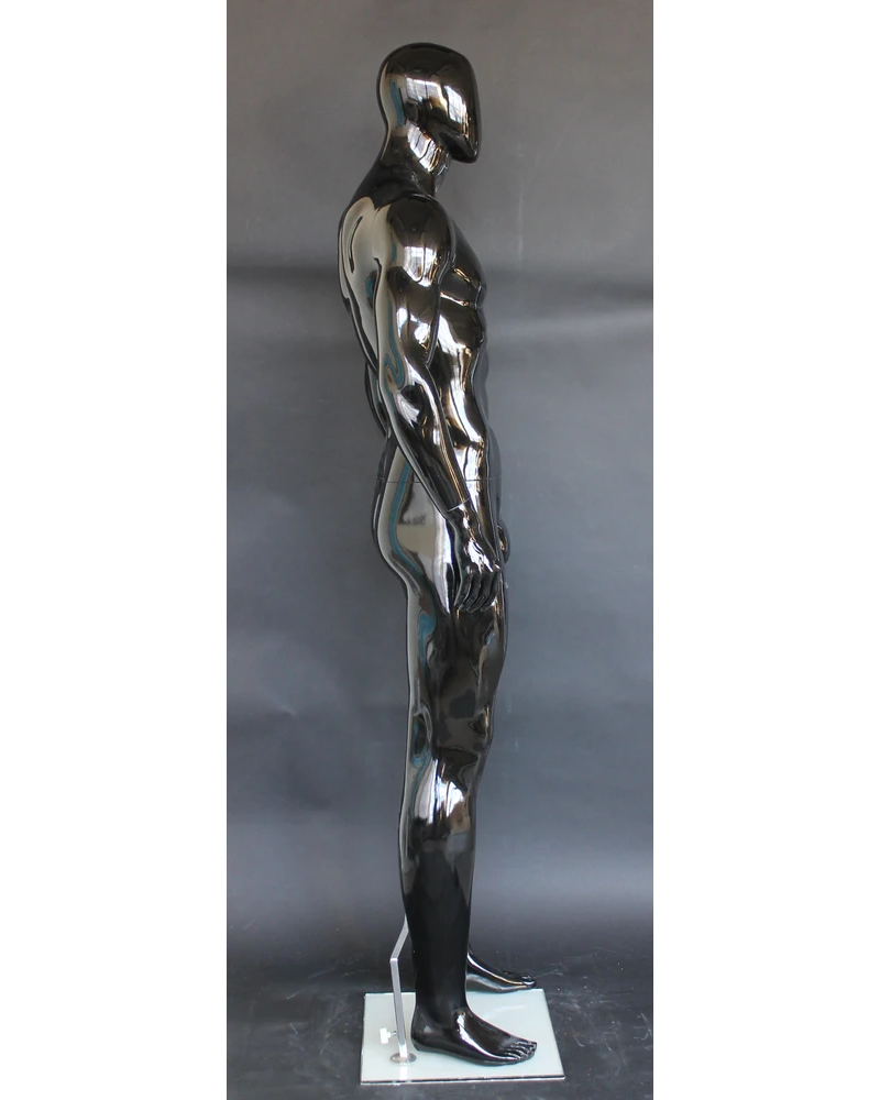 Tall athletic arms-at-sides egghead male mannequin in glossy black, SFM52E-GB