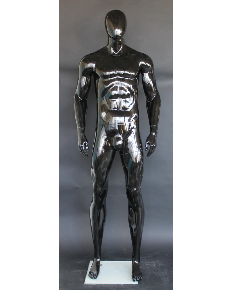 Tall athletic arms-at-sides egghead male mannequin in glossy black, SFM52E-GB