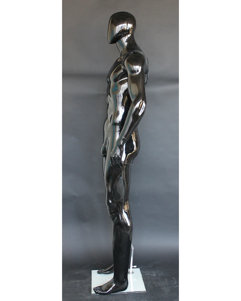 Tall athletic arms-at-sides egghead male mannequin in glossy black, SFM52E-GB