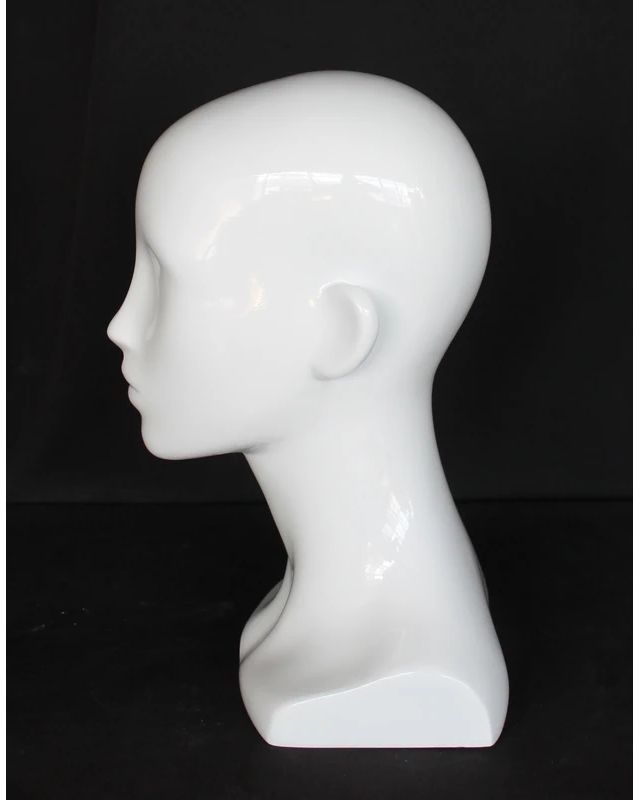 Compact featured-face female head mannequin in glossy white, MH53-GW