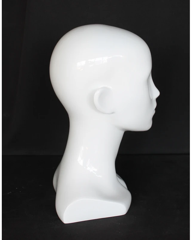 Compact featured-face female head mannequin in glossy white, MH53-GW